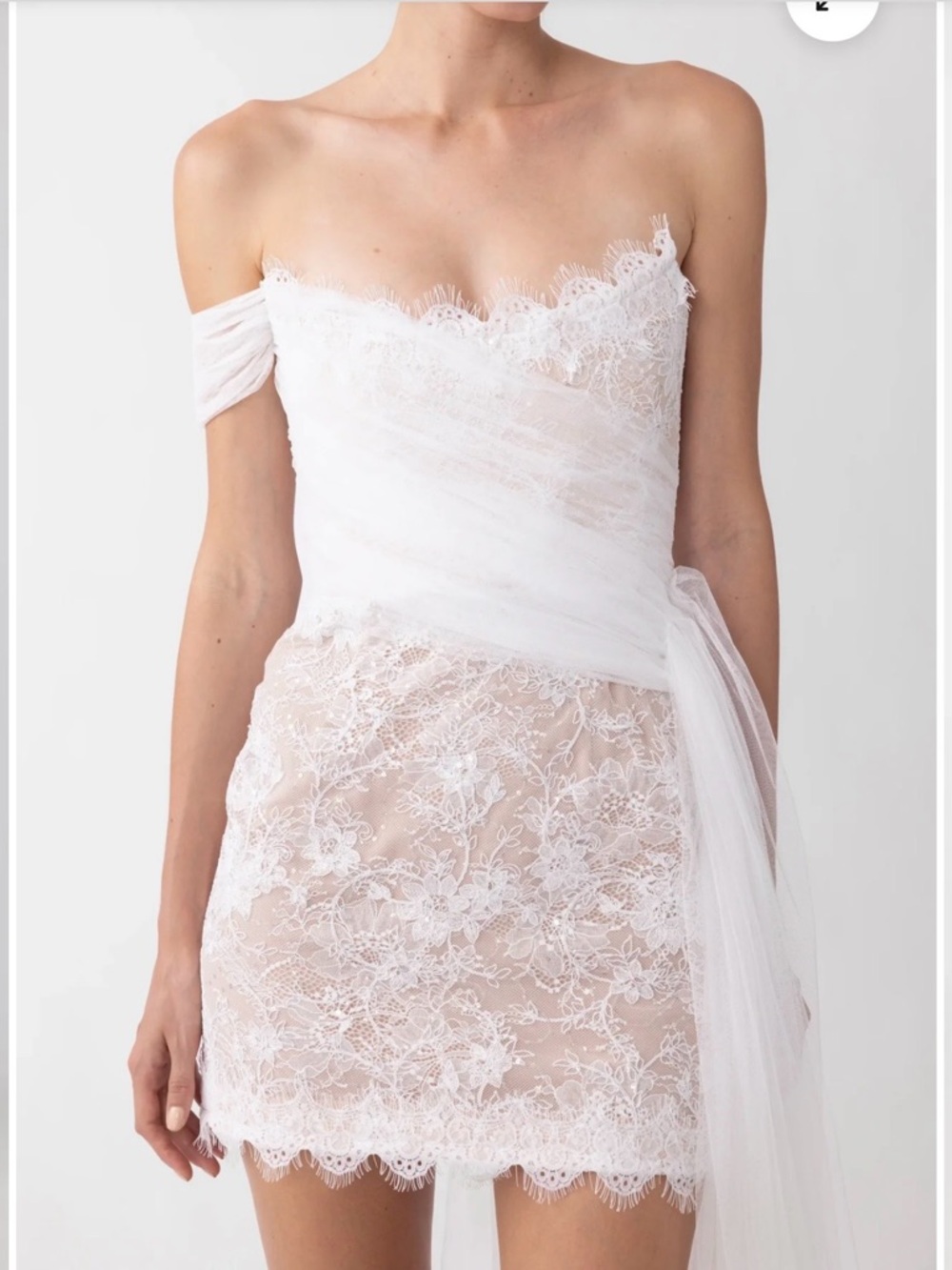 Sau Lee Strapless White Lace Mini Dress with Tulle Sash - Bridal - Picture 2 of 5